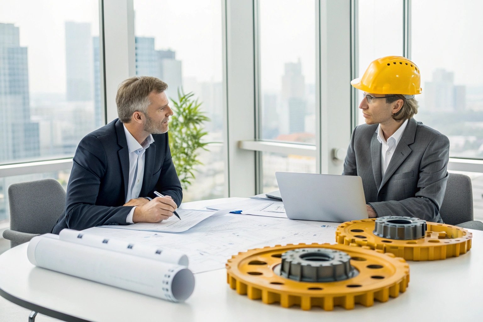 Executives discussing engineering plans with gears on table.